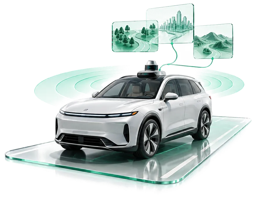 A white self-driving car on a glass road platform, sensor rings spreading around it and three scene panels above showing a forest, a city and a mountain route.
