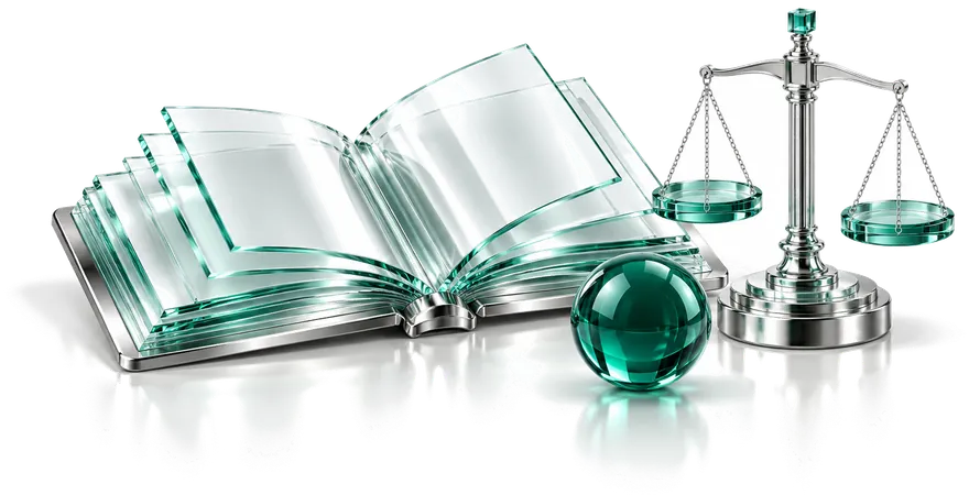 An open book with glass pages, a balance scale beside it and a green glass sphere between them.