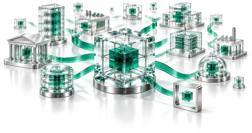 A landscape of glass institutions, data centres and factories, each holding a green cube, linked by green ribbons to one larger cube at the centre.