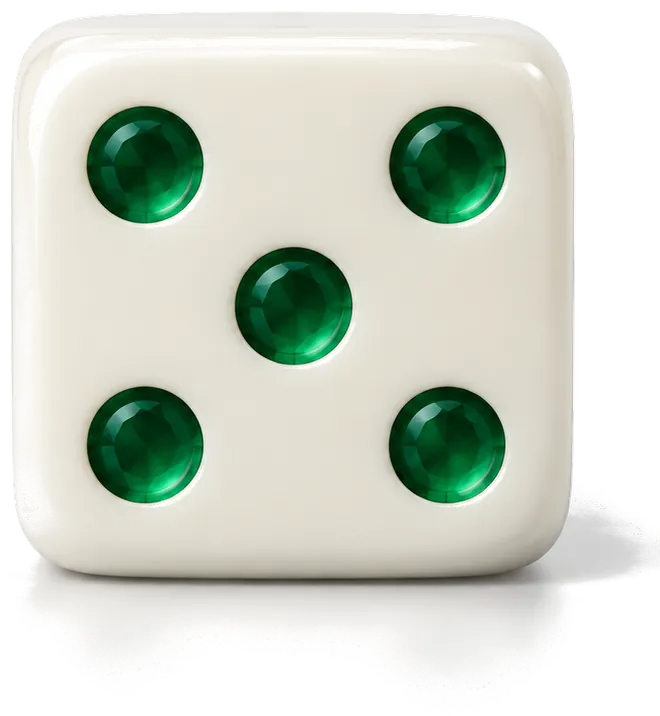 A single white die showing five, its pips cut from green stone.