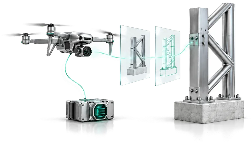 A drone photographing a steel truss; the view passes through two glass panels, from photograph to line drawing, and down into a small recorder unit.