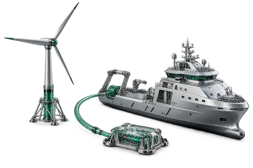 A wind turbine with a service vessel alongside and a data recorder between them, drawn as silver objects over white.