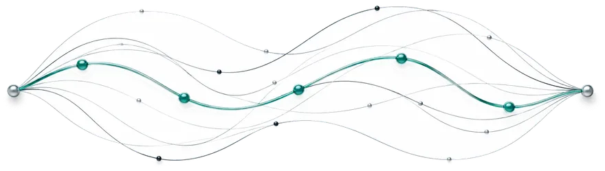 Many faint paths run between two spheres; one of them, beaded in green, is drawn solid while the rest stay pale.