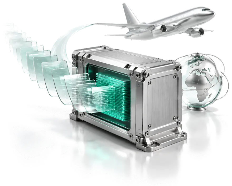 An armoured recorder case holding a stack of green glass plates, a stream of plates flowing into it, an aircraft above and a glass globe beside it.