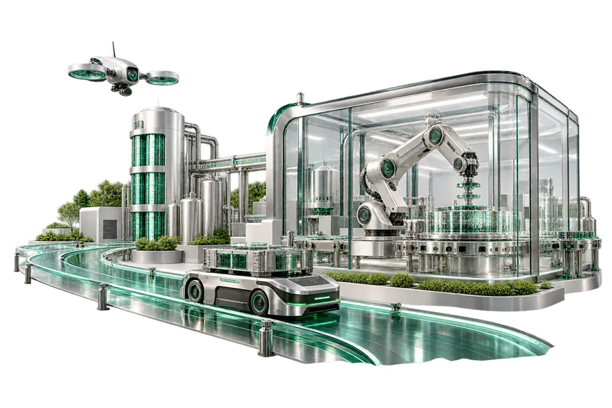 A wide industrial scene in silver, glass and emerald: a robot cell, an autonomous vehicle, an inspection drone and energy infrastructure, connected by restrained green routes.