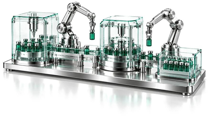 A glass and steel production line: two robot arms moving green vials between enclosed stations.