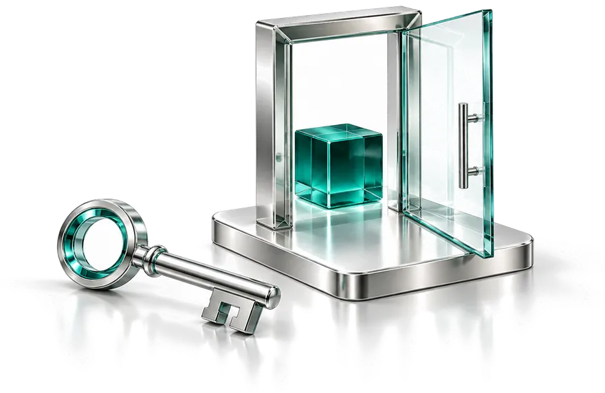 A glass door standing open on a steel base with a green cube inside, and a large key lying in front of it.
