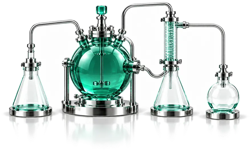 A laboratory in glass and steel: a round flask of green liquid between a condenser and three empty vessels.