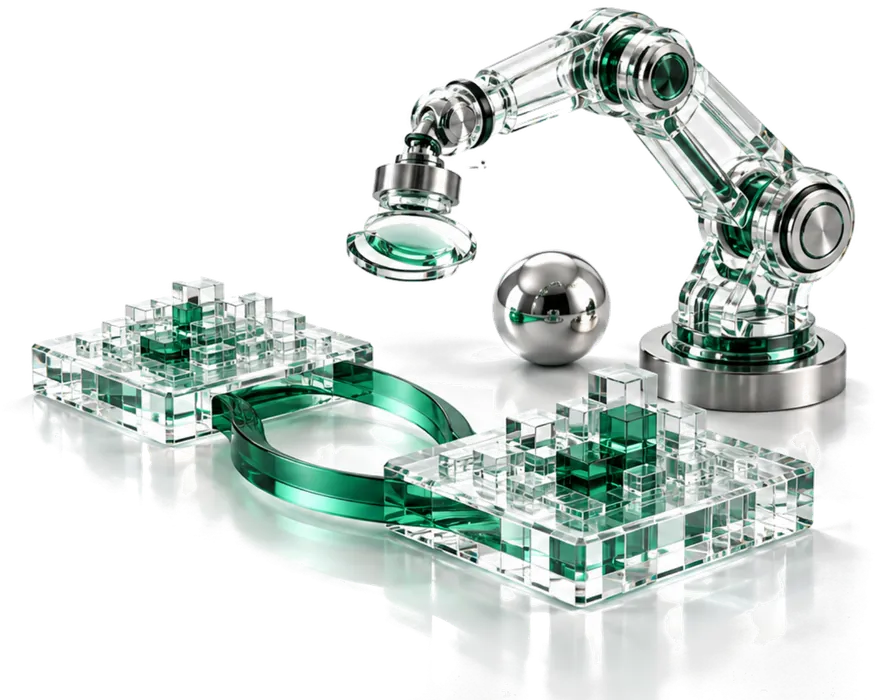 A glass robot arm with a lens for a hand, above two glass trays of small cubes joined by a green ring, a steel ball beside them.