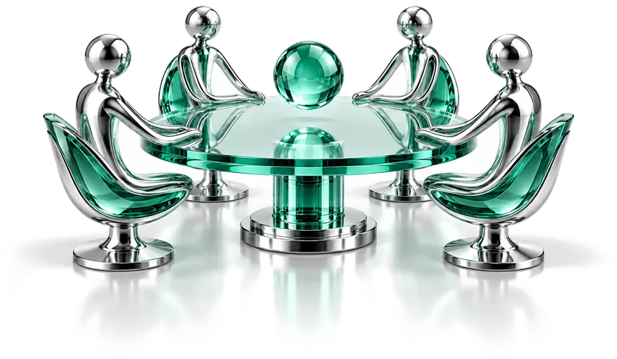 Five abstract glass figures seated around a round glass table with a green sphere at its centre.