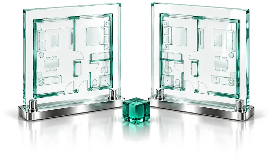 Two glass panels showing nearly identical floor plans side by side, a green cube between them.